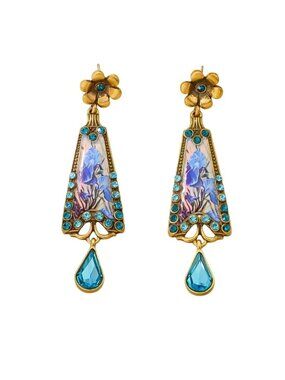 Art Nouveau Style Iris Earrings Gold Tone with Blue Crystals